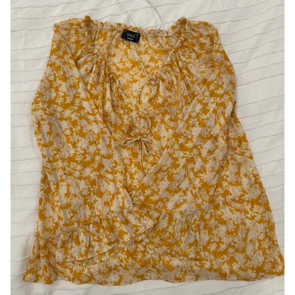 Vici Floral Long Sheer Blouse Women’s Medium Mustard Yellow Cottagecore Coquette - Picture 14 of 16